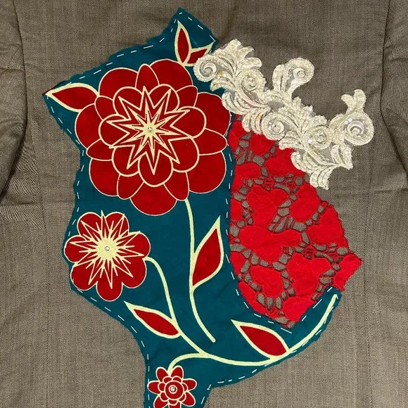 Upcycled Embellished Ankara/Sequin Lace/Rhinestone Blazer Wool M - Picture 3 of 11